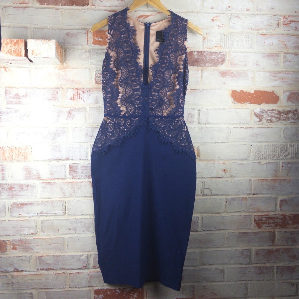 Rare London Navy Lace Overlay Cocktail Dress XL Sleeveless Bodycon Party Wear